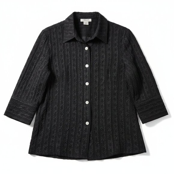 Anis A Tops - Anis A. Silk Top XL Women's Black Vintage Textured 3/4 Sleeves MOP Buttons